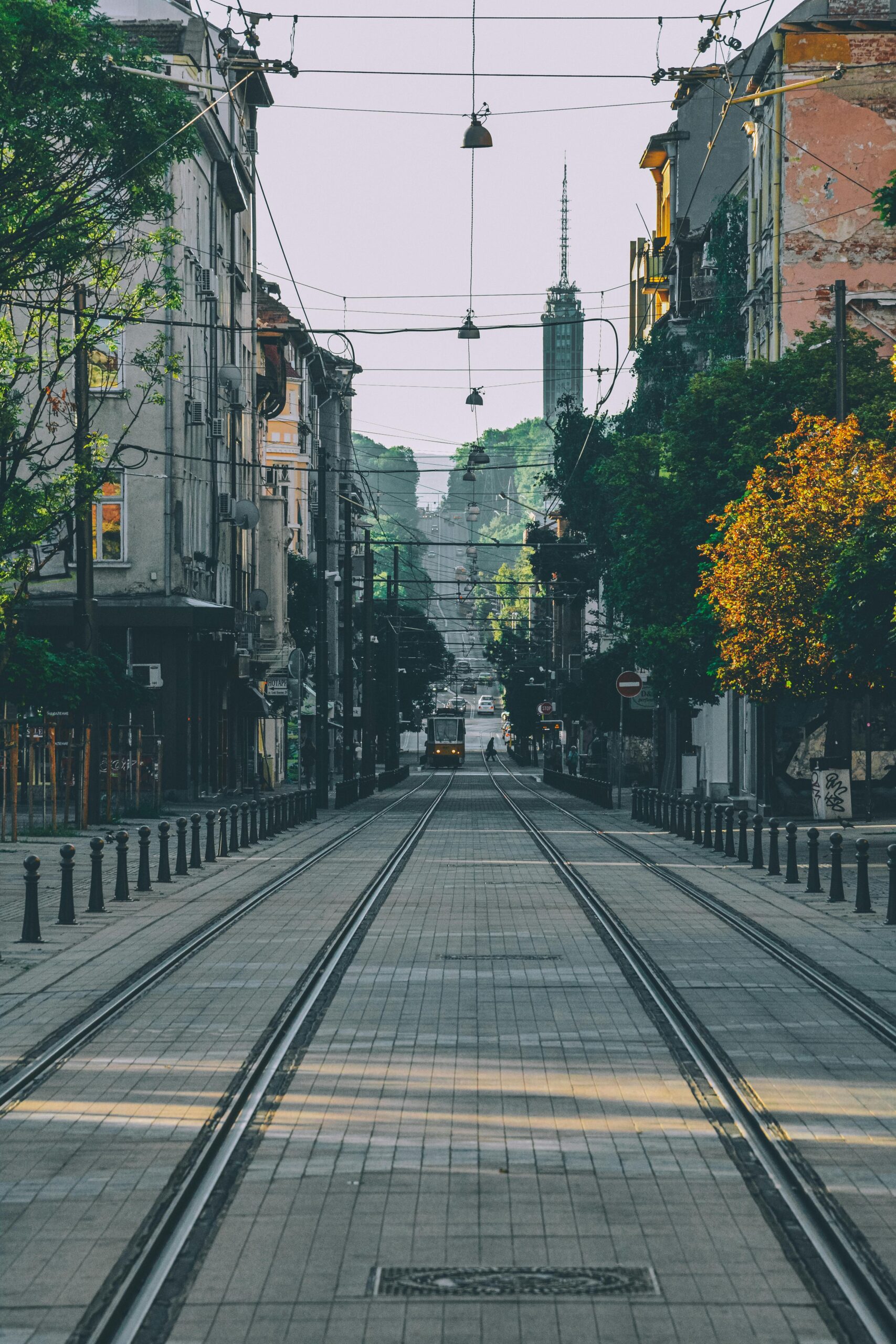 A serene urban street in Sofia, Bulgaria, showcasing tramway tracks lined by historic buildings and lush greenery.
